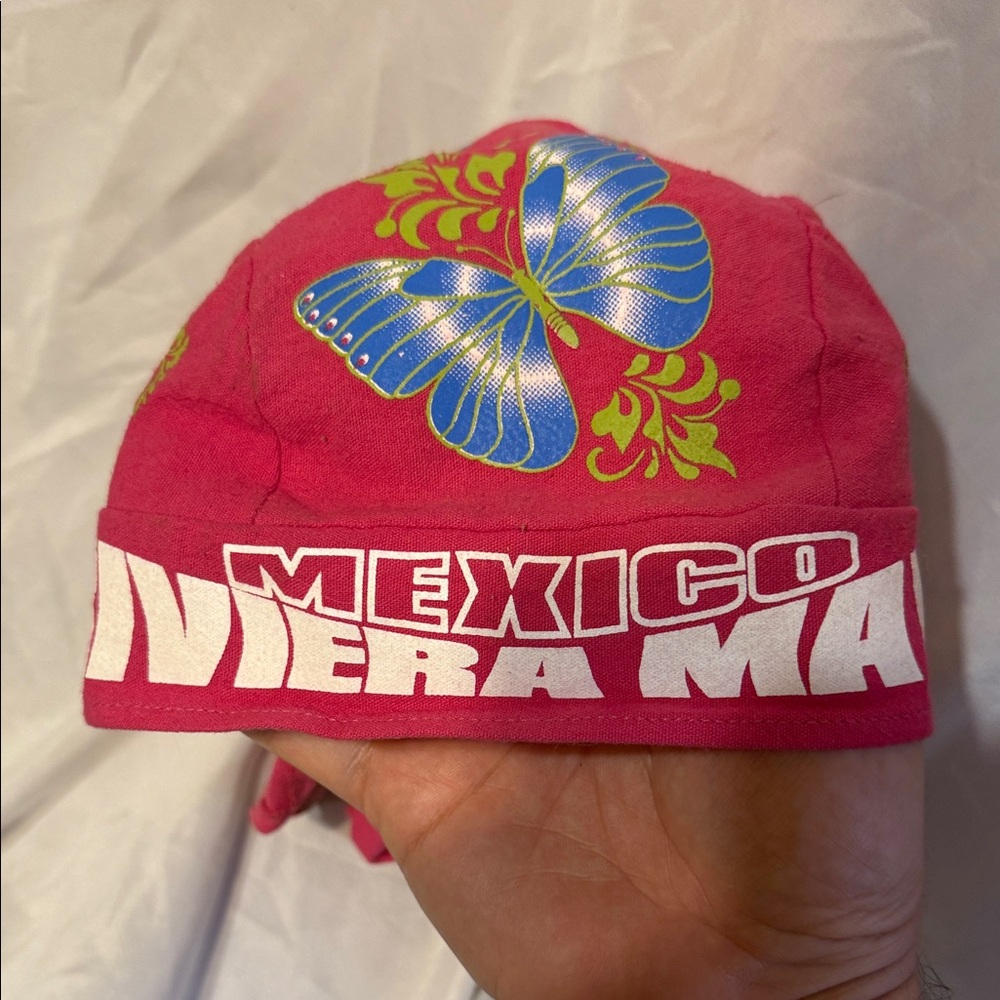 Mexico Riviera Maya Pink Beanie Cap with Blue Butterfly Design